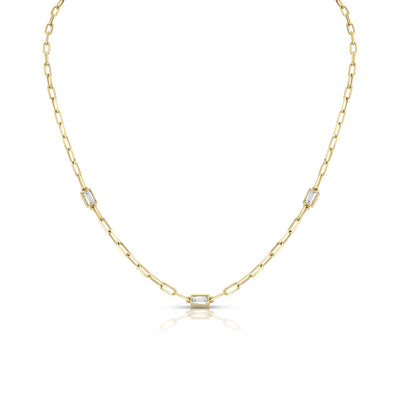 3 Diamond Baguette Chain Necklace | Yellow Gold