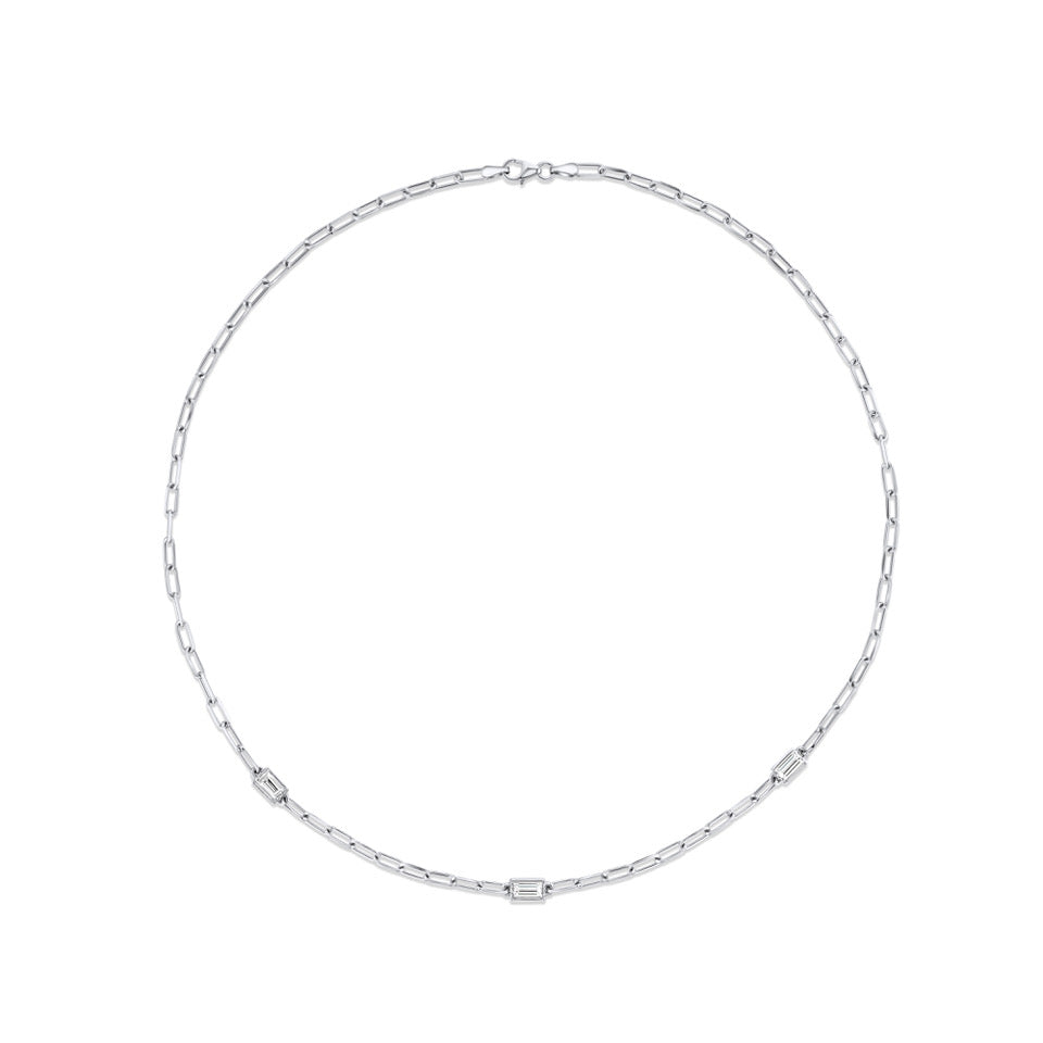 3 Diamond Baguette Chain Necklace | White Gold