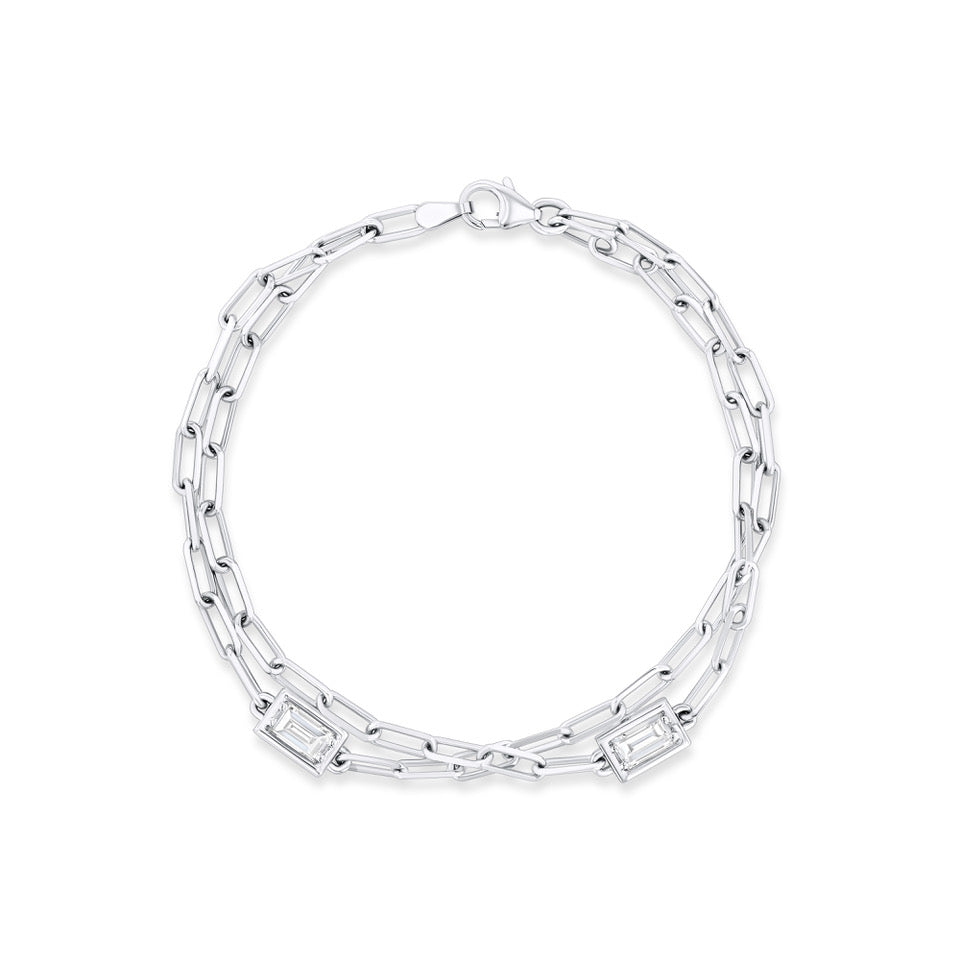 Double Baguette Diamond Chain Bracelet - 2 Station | White Gold