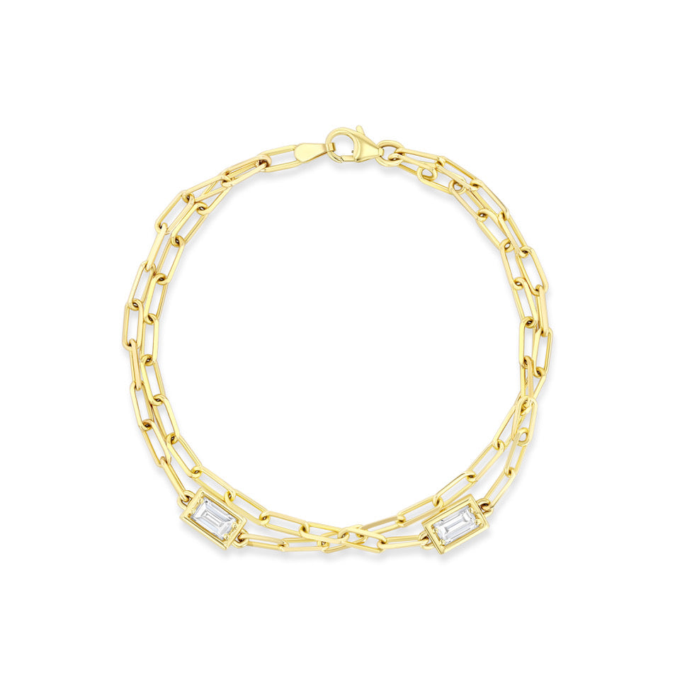 Double Baguette Diamond Chain Bracelet - 2 Station | Yellow Gold