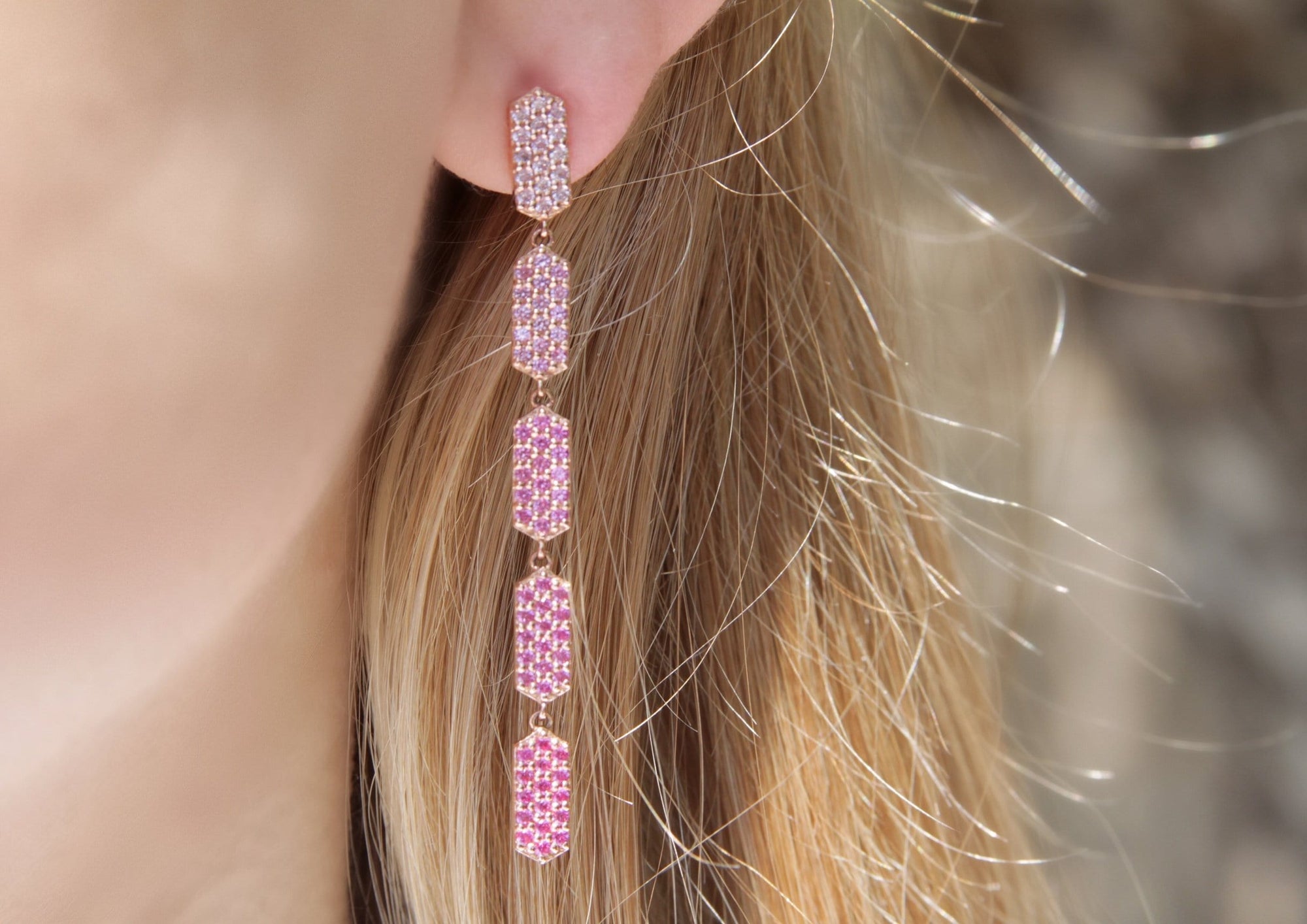 5 Tiered Ombre Pink Sapphire Marquis Earrings | Rose Gold
