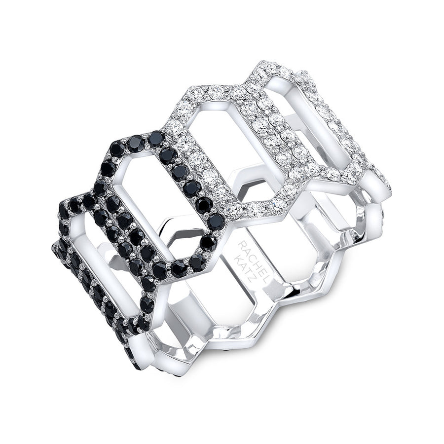 Black & White Diamond Open Marquis Chess Ring | White Gold