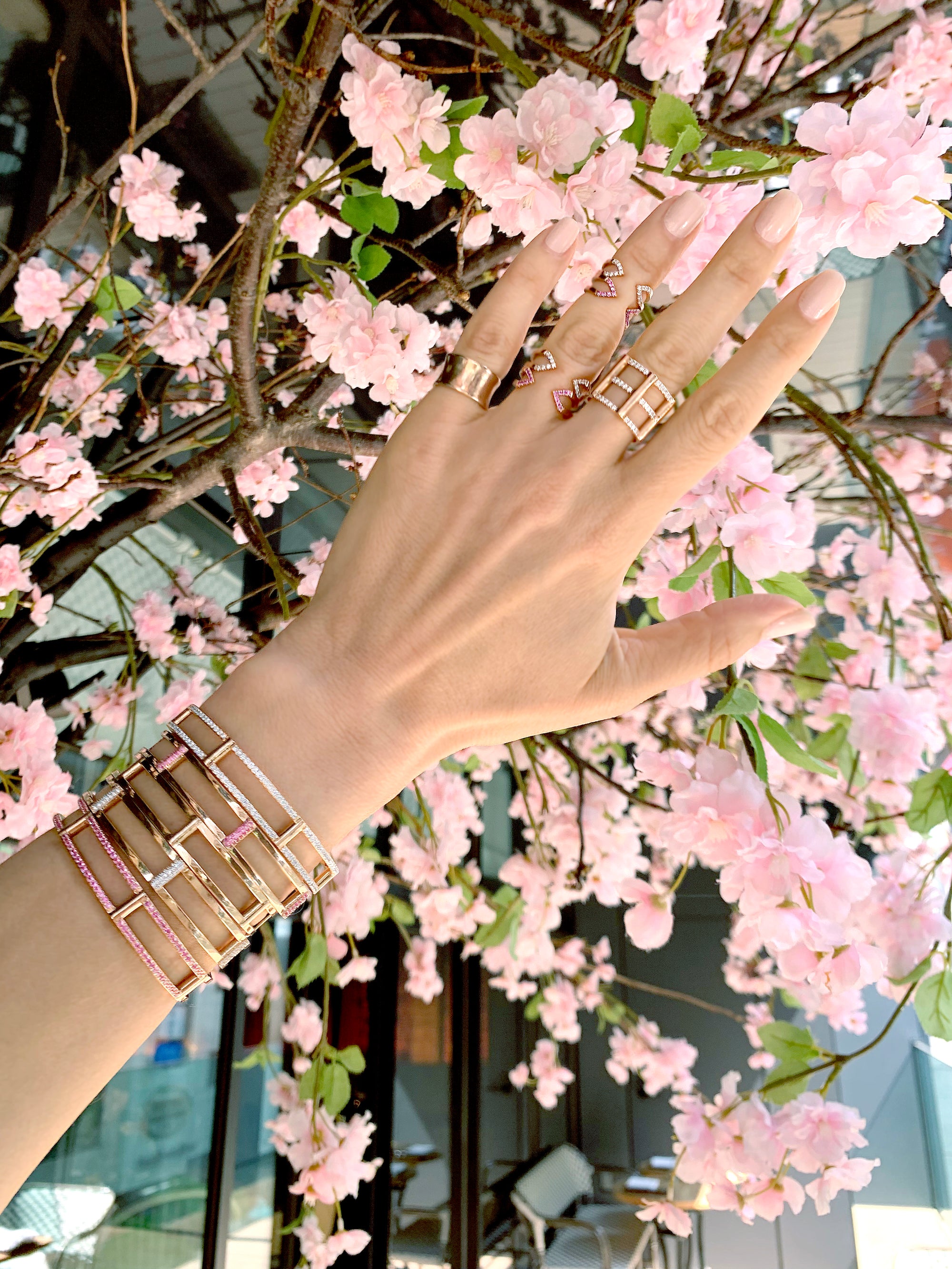 Locking Cage Bracelet | White Gold with Ombre Blue and Pink Sapphires on Lateral Bars