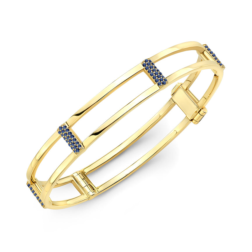 Locking Cage Bracelet | Yellow Gold with Blue Sapphire Posts