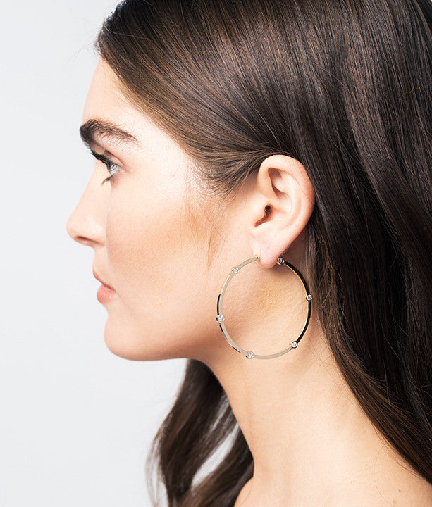 Large Cage Hoops with Diamonds on the Facets | White Gold